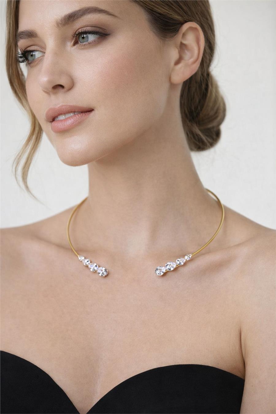 Rose Zarif Altın Renk Minimal Taşlı Choker Kolye